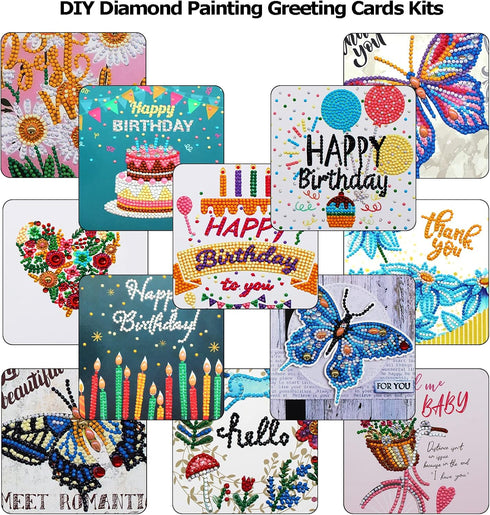 Queen.Y 12 Pack Birthday Cards Diamond Painting Kits,Greeting Cards Thank You Cards DIY Diamond Painting Greeting Cards