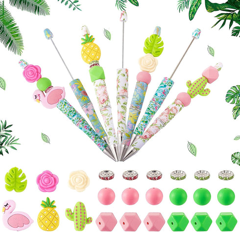 Beadthoven 12pcs DIY Beadable Pens with Hawaiian Flower Plastic Beads and Assorted Tropical Summer Beads for Office