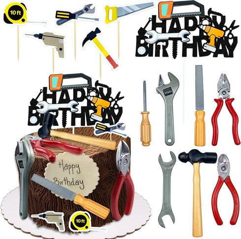 18PCS Cake Topper Tools, Toolbox Cake Decorations with Wrench, Hammer, Mechanic Drill, and More for Birthday Party Decor