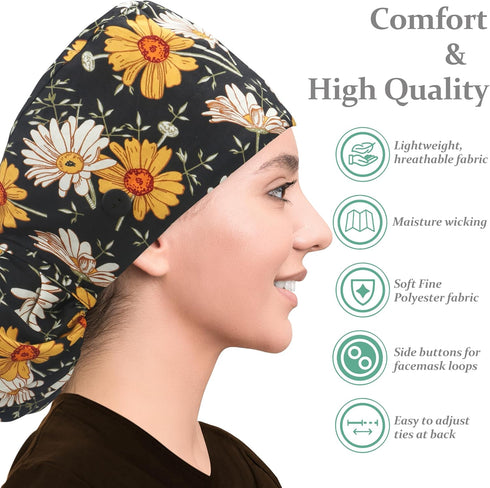 IRIS CRAFT Satin-Lined Scrub Cap with with Ponytail Pocket, Cotton Scrub Medical Nurse Hat with Sweatband Elastic Tie