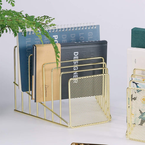 Simmer Stone Incline File Sorter, 7 Slot Magazine Holder for Letter, Document, Folder, Metal Desktop Organizer, Gold