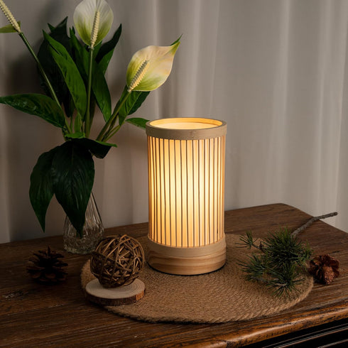 Dimmable Cozy LUSHARBOR Bamboo Table Lamp, Small Boho Rattan Lamp Decorative with Light, Woven Bedside Lamp