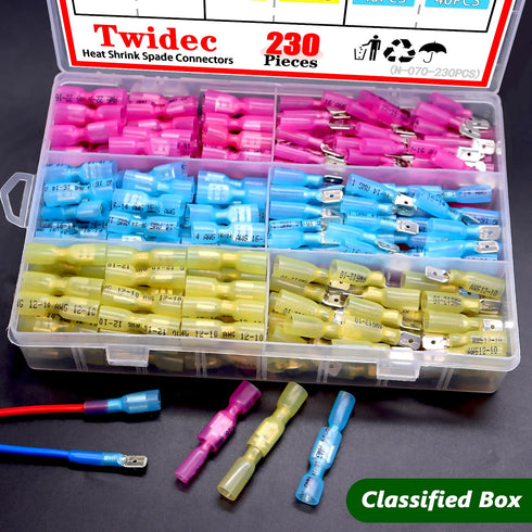 Twidec 230PCS Heat Shrink Spade Connectors Kit, 22-10 AWG, Fully Insulated Electrical Wire Crimp Connectors