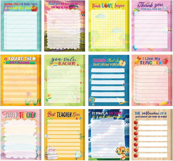 Teacher 12 Pcs Notepad Sets, Lined Notepads for Teacher Appreciation, Memo Notepads with Colored Sticky Notes