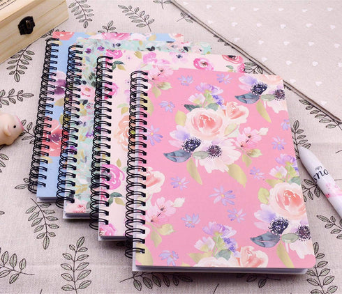 Yansanido Spiral Notebook, 4 Pcs A5 Thick Flower Design, Hardcover, 8mm Ruled, 80 Sheets - 160 Pages for Study