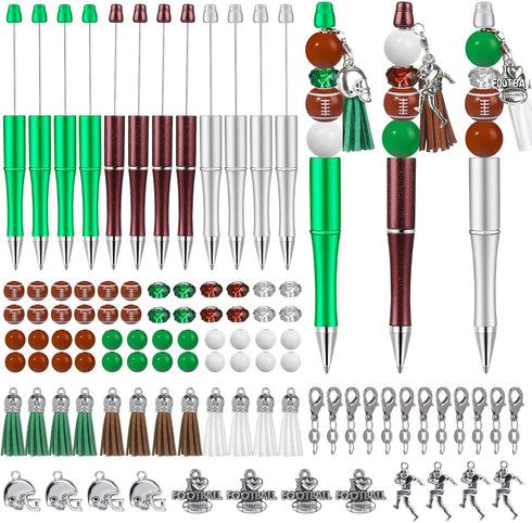 NEWEST 12 Pieces Sports Beadable Pens, Plastic Football Bead Pens, 48 Beads, 12 Tassels, 12 Pendants, DIY Making Kit