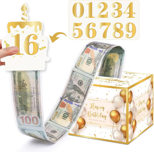 Birthday Money Gift Box with DIY Stickers, Surprise Cash Holder with Pull Out Card & 100Pcs Bags for Birthdays