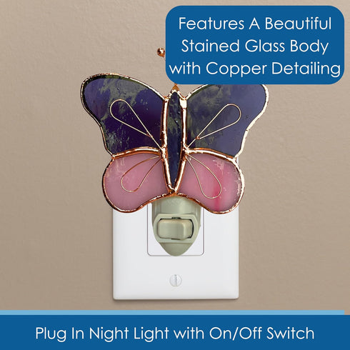 4 Bulb Gift Essentials Pink and Purple Butterfly Plug in Night Light - Stained Glass Nightlight with On/Off Rocker