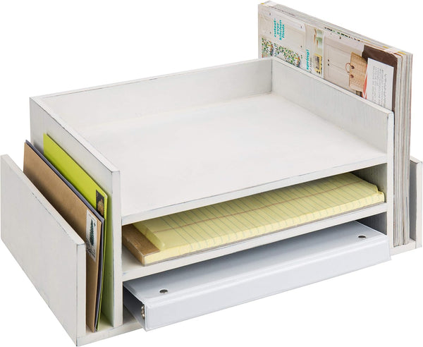 MyGift 3 Tier Wall Mounted Vintage White Wood File Rack, Document Tray, Mail Sorter Organizer
