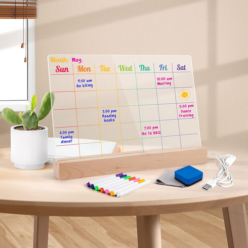 D-FantiX Acrylic Dry Erase Board with Light Up Stand 12 x 8 Inch, Clear Desktop Calendar Whiteboard