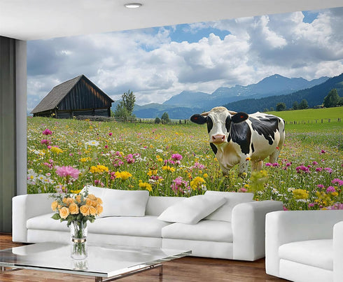 DUPIELU 78.7" 55.1" Dairy Cows Wallpaper, Western Farms Mural, Floral Animals Mural Wallpaper for Living Room Bedroom