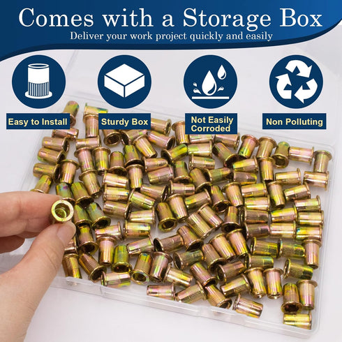 Vifmy 1/4 115Pcs 1/4-20, 1 4 20 1 4 20 1 4 Rivet Nut, Carbon Steel Zinc Rivet Nuts Threaded Insert Rivnut, Flat Head x