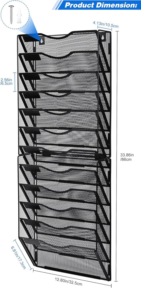 Wall File Holder, 12 Pockets Hanging Organizer for Office, Document Storage, Mail Holder, Magazine Rack, Black