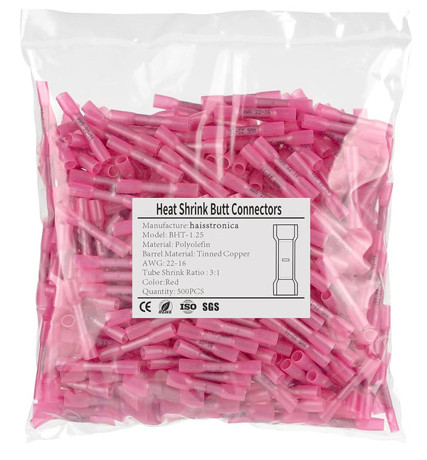 500PCS Red Heat Shrink Butt Connectors AWG22-16 - Marine Grade Waterproof Insulated Crimp Electrical Connectors