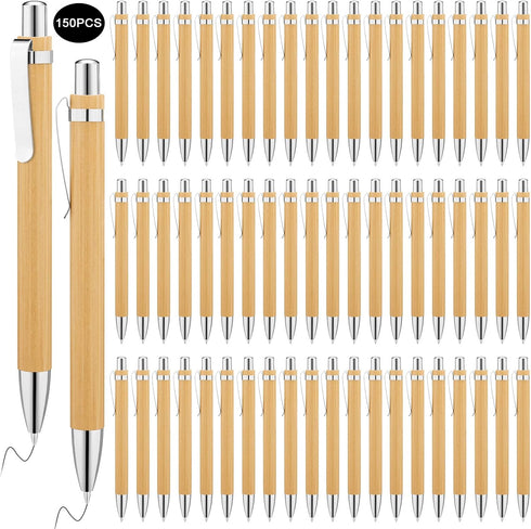 SATINIOR 150 Pcs Bamboo Ballpoint Pens - Wooden Retractable 1mm Black Ink Pen, Sustainable Writing Tools for Men & Women