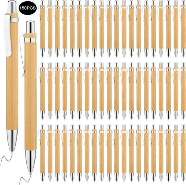 SATINIOR 150 Pcs Bamboo Ballpoint Pens - Wooden Retractable 1mm Black Ink Pen, Sustainable Writing Tools for Men & Women