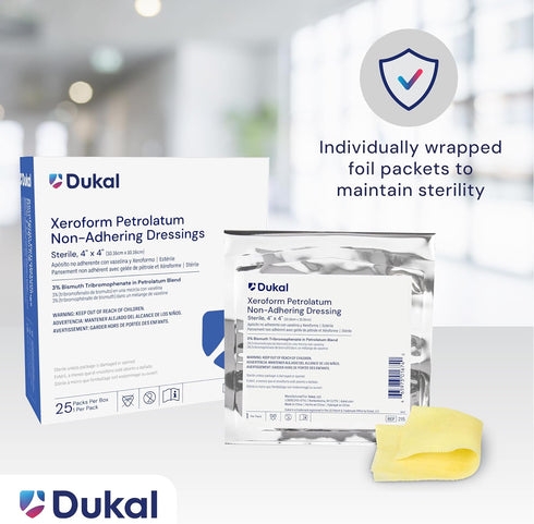 Dukal 215 Alba Xeroform Petrolatum Gauze, Sterile, 4" x 4", Pack of 25