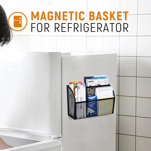 DALTACK Magnetic Pencil Holder, 3-Grid Mesh Magnetic Shelf for Whiteboard, Refrigerator, Locker Organizer