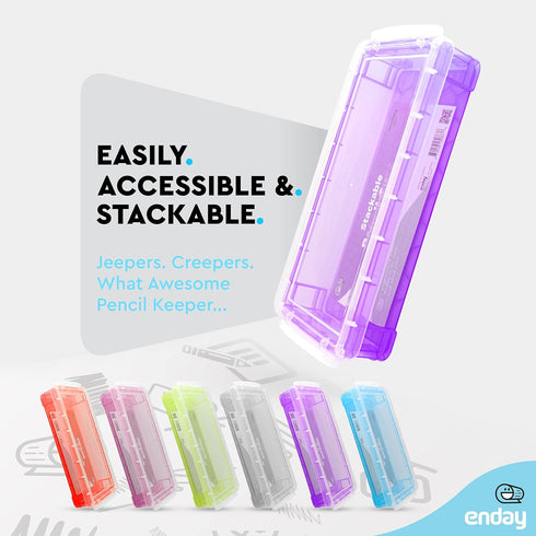 Enday Pencil Case Purple, Plastic Stackable Assorted Color Box, Large Capacity School & Office Supplies