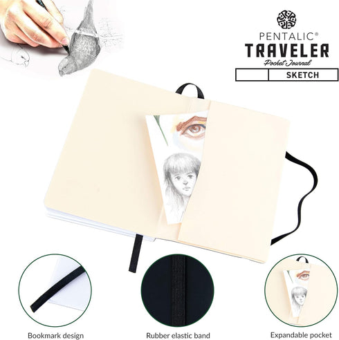 Pentalic 4" x 6" Pocket Sketchbook Traveler Journal - 160 Pages, Black