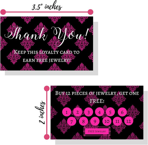 Jewelry Loyalty Cards | 50 Pack Thank You Notes Black Pink Fleur | 5 Bling Buy 12 Get One Free