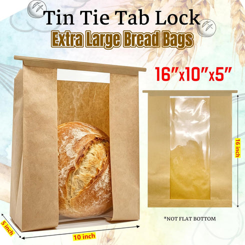 BIUBIU 25Pcs 16x10x5in Extra Large Paper Bread Bags with Tin Tie Tab Lock, XL Sourdough Bread Bags for Homemade Bread