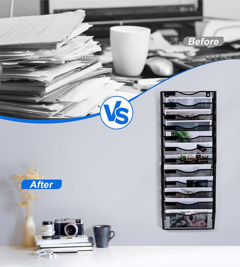 Wall File Holder, 12 Pockets Hanging Organizer for Office, Document Storage, Mail Holder, Magazine Rack, Black