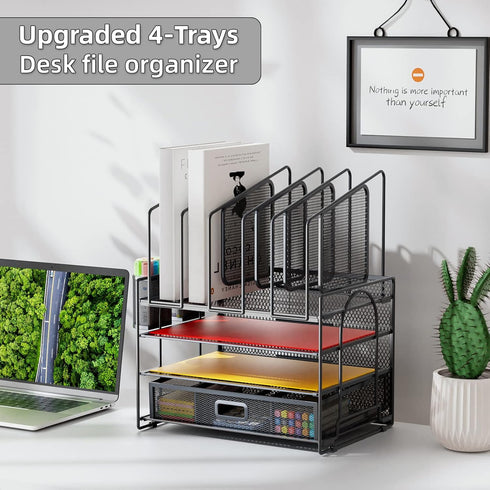 Marbrasse Desk Organizers, 4-Tier Mesh File Organizer with 5 Vertical File Holders and 2 Pen Holders
