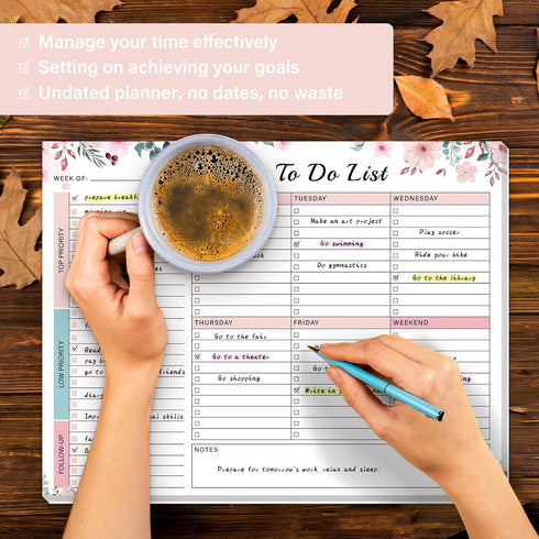 Weekly Desk Planner Pad, 8.5"×11", 52 Undated Tear Off Sheets, Spiral Binding, Pink, Organizer for Work, School, Home