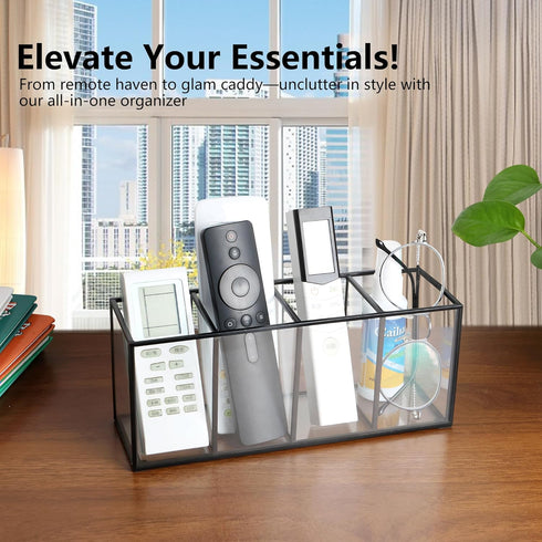 Desk Pencil Holder, Tempered Glass Pen Organizer, 3&4 Compartments, Black, for Office & School Supplies