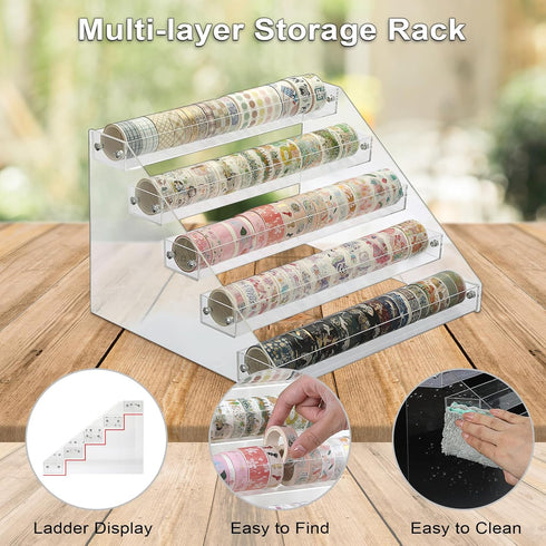 BTSKY 5 Tier Washi Tape Organizer - Clear Plastic Storage Rack, Assembly Holder for Scrapbooking Art Craft Supplies