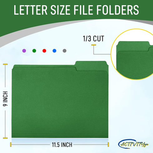 Green File Folders, 1/3-Cut Tabs, Letter Size, 12-Pack, Durable Office Filing Folders for Documents and Papers