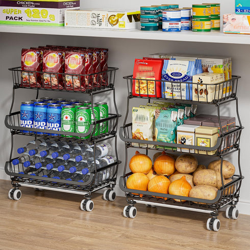MJIMKE 3-Tier Rolling Cart with Wheels - Stackable Wire Baskets for Pantry Organization