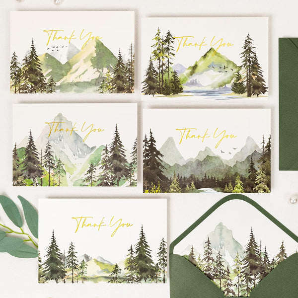 Crisky Thank You Cards 5 Assortment, Watercolor Forests Mountains Landscape Gold Foil