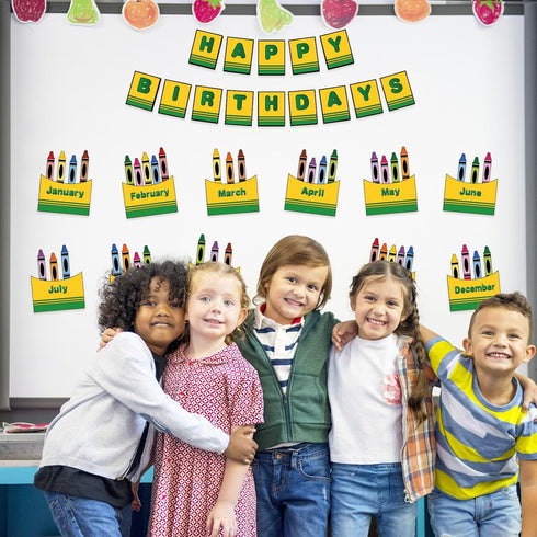 Set 68Pcs FYSUIMU Happy Birthday Bulletin Board Back to School Crayon Paper Cutouts Calendar Chart Poster with Glue