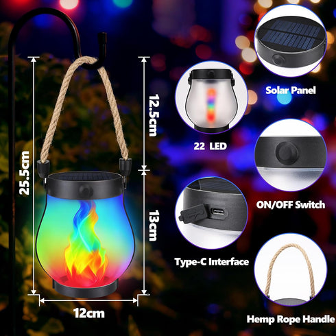 2 Pack 2 iBaycon Solar Lanterns Lights, Christmas Flickering Flame Garden Lights with Modes Dual Charging USB & Solar