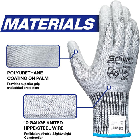 Schwer 3 Pairs AIR-SOFT Cut Resistant Gloves, ANSI A6 Cut Proof Work Gloves for Men and Women (L)