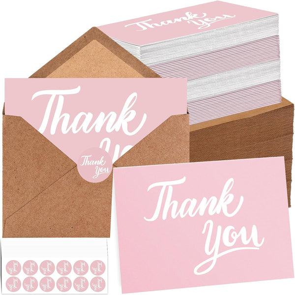 600 Pcs Pink Thank You Cards Bulk with Kraft Envelopes and Stickers