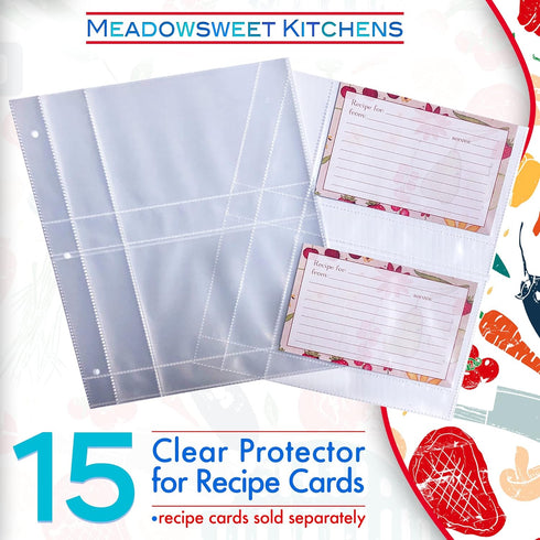 Recipe Card Protector Pages, 15 Clear Plastic Protectors for 4" x 6" Recipe Binder