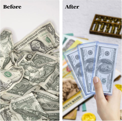 Rainmae 50 Pack Hard Plastic Clear Money Holder - 6.8" x 2.9" PVC Transparent Bill Money Top-Load Sleeves Display