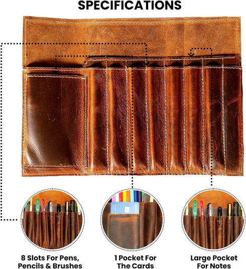Jaald Genuine Leather Pencil Roll Brush Case - Vintage Pen Holder Organizer for Students, Artists, and Writers