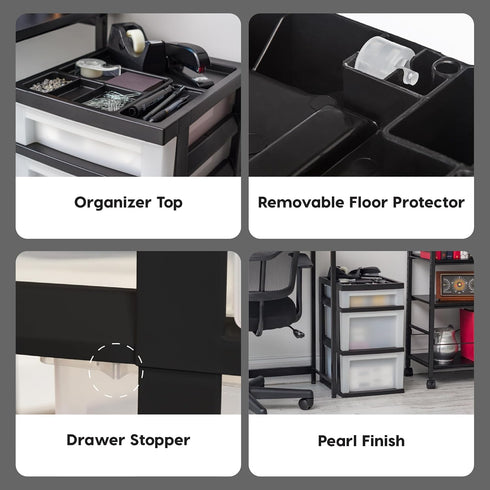 IRIS 3 Drawer Storage Cart, Plastic Organizer for Classroom Supplies, Art Supplies, Small Parts (Pearl/Black)
