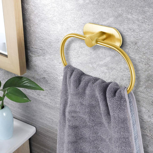 Towel Bar and Hand Towel Ring, Self Adhesive Stainless Steel Holder, No Drilling, 2 Pack, Gold