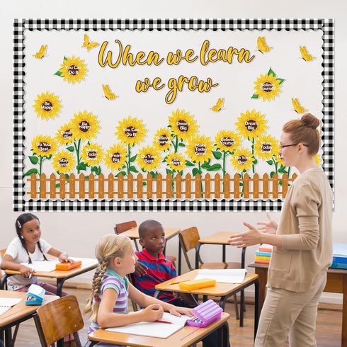 Sunflower Bulletin Board Decoration Set, Summer Sun Flower Cutouts with Motivational Sayings, Butterflies, Fences for