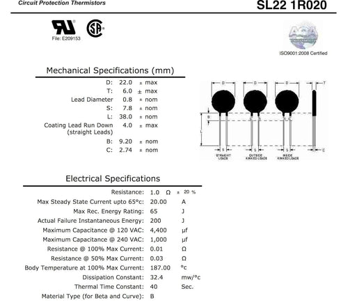 SL22 1R020 (Pack of 2) NTC THERMISTOR,ICL 1 OHM 20% 20A 22MM, (Also SG100, SG301)