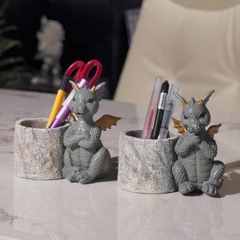 Guichifun Dragon Pen Holders, Set of 2 Cute Decor Figurines for Desk, Fashion Organizers for Women and Kids