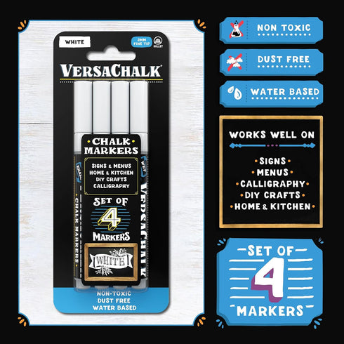 VersaChalk White Liquid Chalk Markers - Set of 4 with 3mm Tip for Creative Writing and Art
