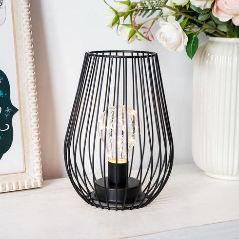TRIROCKS Metal Cordless Table Lamp, 8'' Tall Cage Shape Battery Operated Lamp with Warm Fairy Lights (Black)