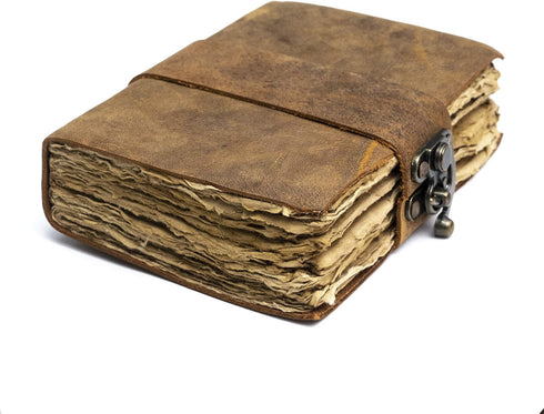 NomadCraftsCo. Vintage Leather Journal - Lock Closure Book of Shadows Journal, 240 Pages Antique Deckle Edge Paper