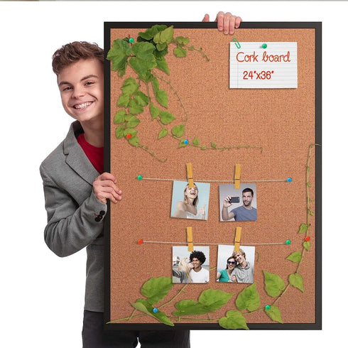 Board2by Cork Board Bulletin Board 24 x 36, Black Wood Framed, Large Wall Mounted Notice Pin Board with 16 Push Pins